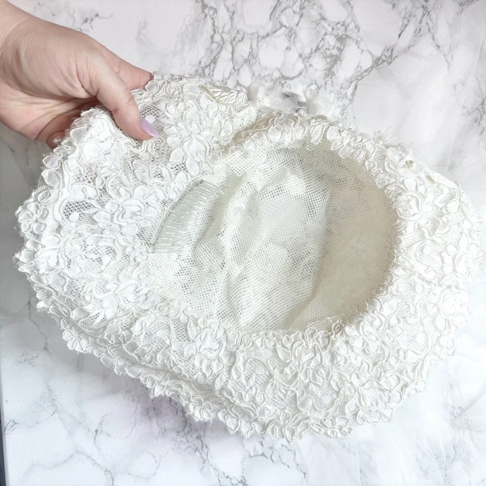 Vintage Handmade Ivory White Lace Floral Pearl Bridal Veil Hat
